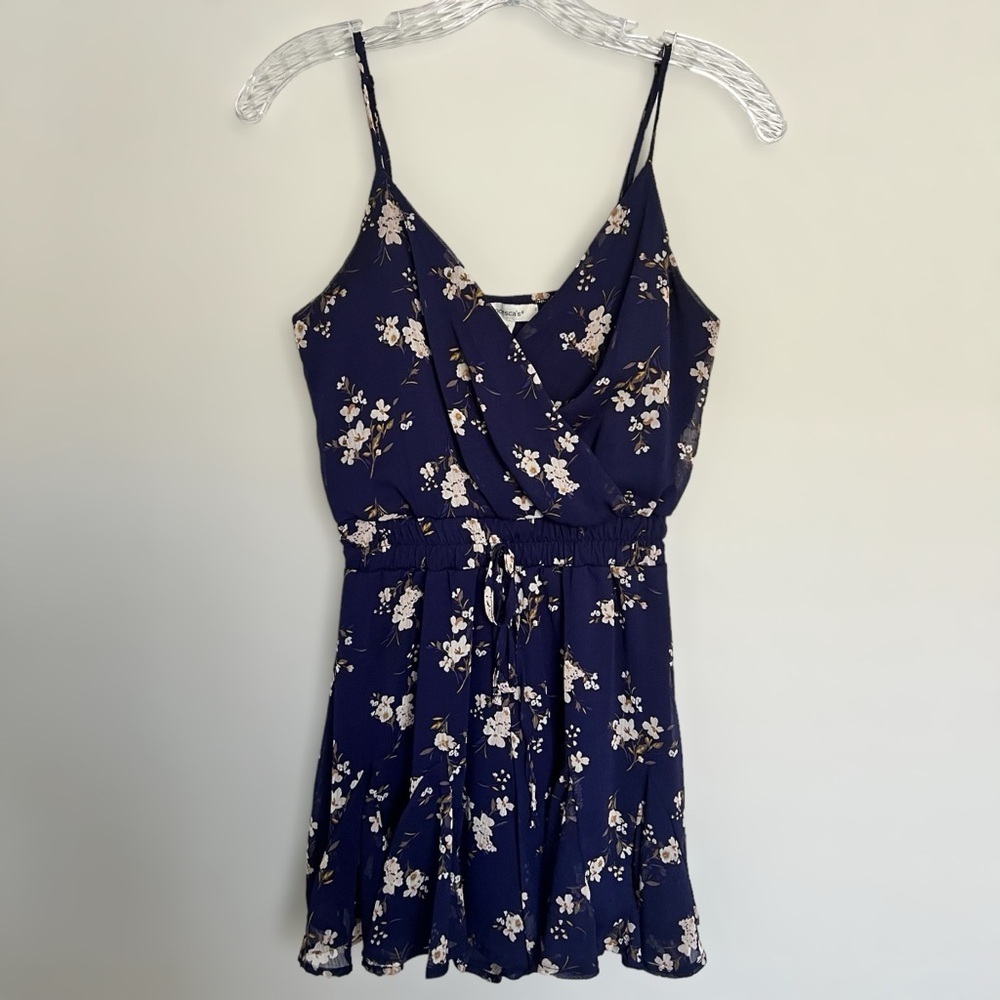 Francescas Blue Floral Romper Size XXS Drawstring Waist Adjustable Straps